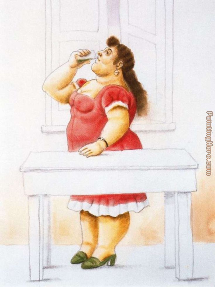 Mujer de pie, bebiendo painting - Fernando Botero Mujer de pie, bebiendo art painting
